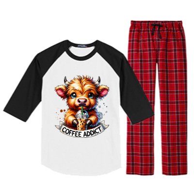 Cute Highland Cow Coffee Addict Gift Raglan Sleeve Pajama Set