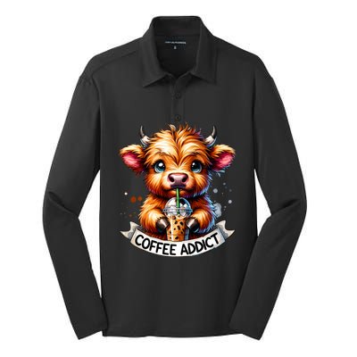 Cute Highland Cow Coffee Addict Gift Silk Touch Performance Long Sleeve Polo