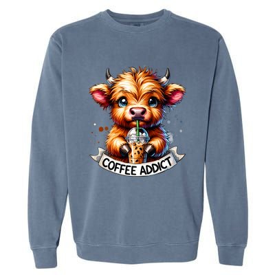 Cute Highland Cow Coffee Addict Gift Garment-Dyed Sweatshirt