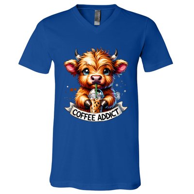 Cute Highland Cow Coffee Addict Gift V-Neck T-Shirt