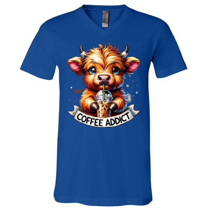 Cute Highland Cow Coffee Addict Gift V-Neck T-Shirt