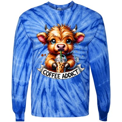 Cute Highland Cow Coffee Addict Gift Tie-Dye Long Sleeve Shirt