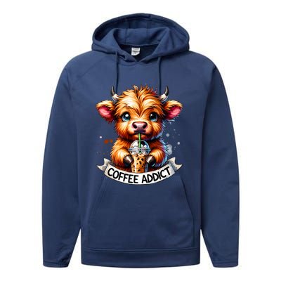 Cute Highland Cow Coffee Addict Gift Performance Fleece Hoodie