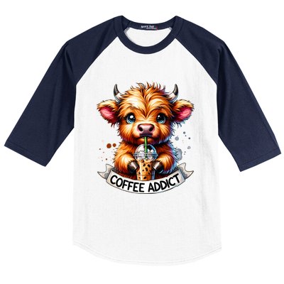 Cute Highland Cow Coffee Addict Gift Baseball Sleeve Shirt