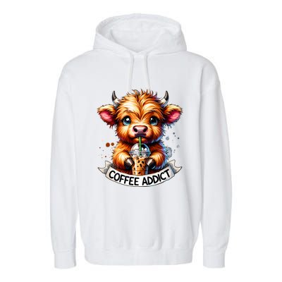 Cute Highland Cow Coffee Addict Gift Garment-Dyed Fleece Hoodie