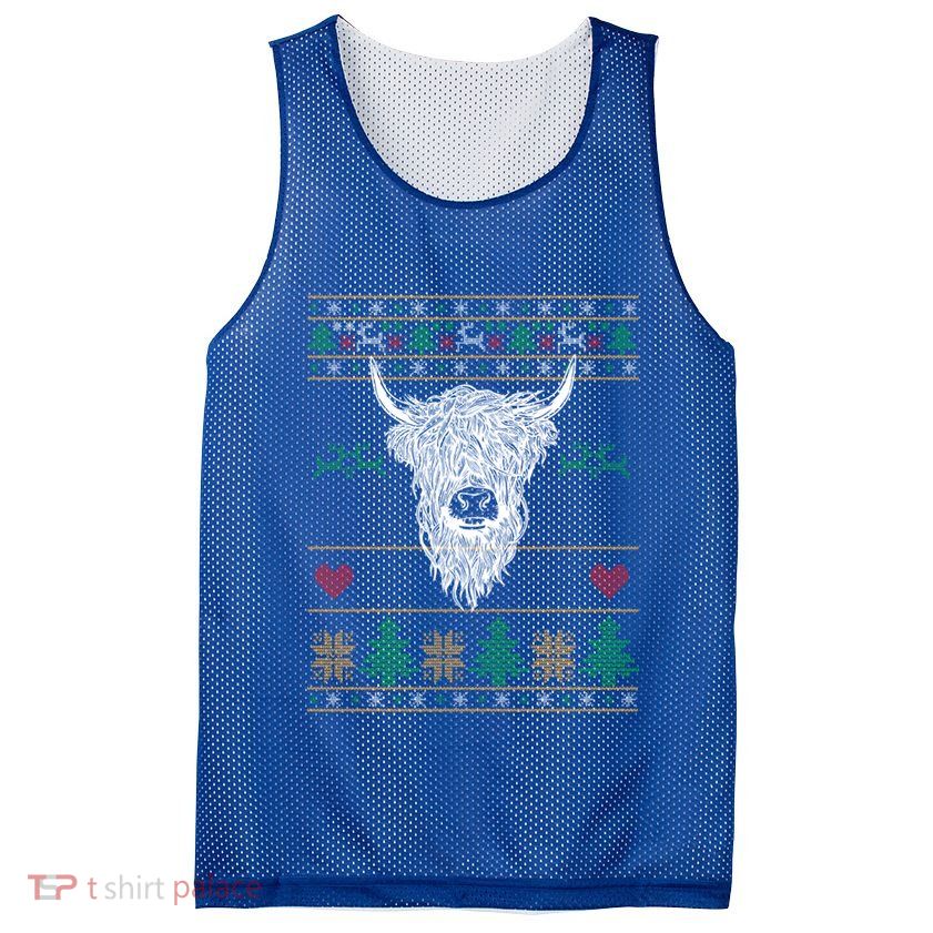 Cool Highland Cow Ugly Christmas Sweater Funny Animal Lover Meaningful Gift Mesh Reversible Basketball Jersey Tank