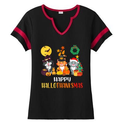 Cat Halloween Christmas Happy Hallothanksmas Thanksgiving Ladies Halftime Notch Neck Tee