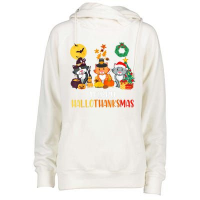 Cat Halloween Christmas Happy Hallothanksmas Thanksgiving Womens Funnel Neck Pullover Hood