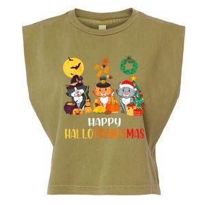 Cat Halloween Christmas Happy Hallothanksmas Thanksgiving Garment-Dyed Women's Muscle Tee