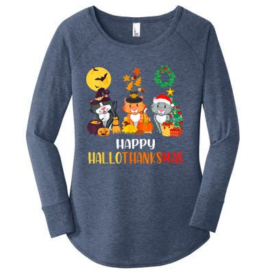 Cat Halloween Christmas Happy Hallothanksmas Thanksgiving Women's Perfect Tri Tunic Long Sleeve Shirt