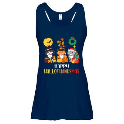 Cat Halloween Christmas Happy Hallothanksmas Thanksgiving Ladies Essential Flowy Tank