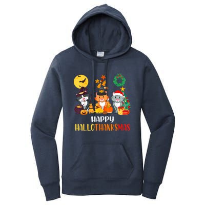 Cat Halloween Christmas Happy Hallothanksmas Thanksgiving Women's Pullover Hoodie