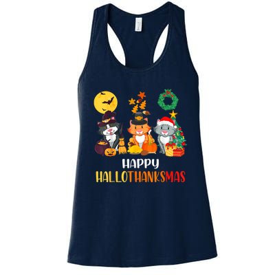 Cat Halloween Christmas Happy Hallothanksmas Thanksgiving Women's Racerback Tank