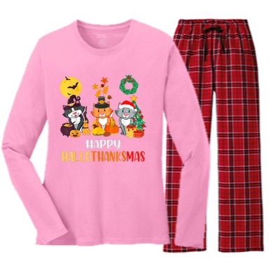 Cat Halloween Christmas Happy Hallothanksmas Thanksgiving Women's Long Sleeve Flannel Pajama Set 