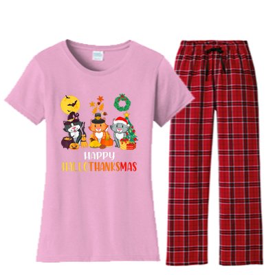 Cat Halloween Christmas Happy Hallothanksmas Thanksgiving Women's Flannel Pajama Set