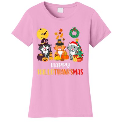 Cat Halloween Christmas Happy Hallothanksmas Thanksgiving Women's T-Shirt