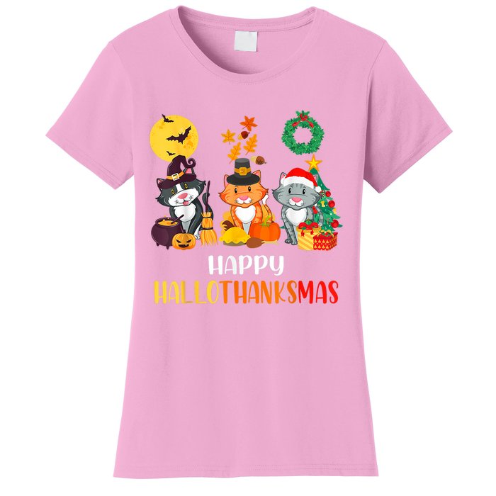 Cat Halloween Christmas Happy Hallothanksmas Thanksgiving Women's T-Shirt