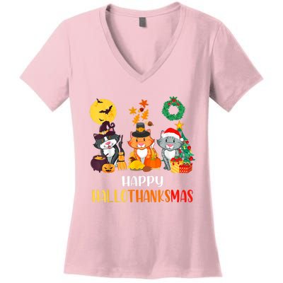 Cat Halloween Christmas Happy Hallothanksmas Thanksgiving Women's V-Neck T-Shirt