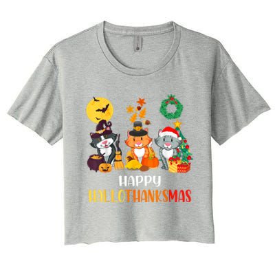 Cat Halloween Christmas Happy Hallothanksmas Thanksgiving Women's Crop Top Tee