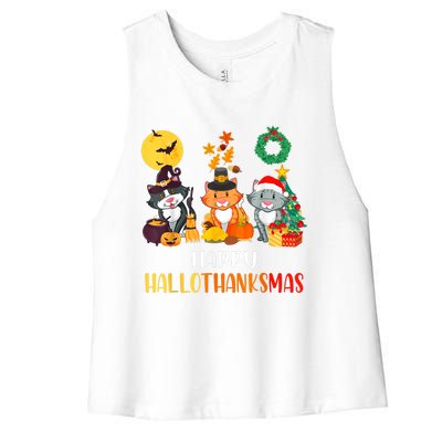 Cat Halloween Christmas Happy Hallothanksmas Thanksgiving Women's Racerback Cropped Tank