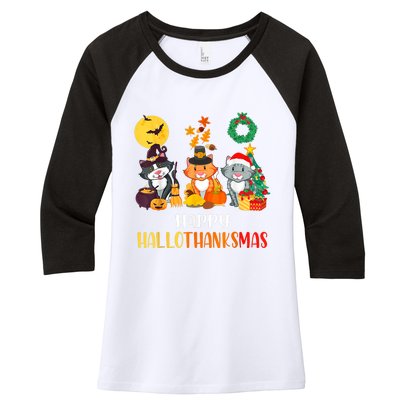 Cat Halloween Christmas Happy Hallothanksmas Thanksgiving Women's Tri-Blend 3/4-Sleeve Raglan Shirt