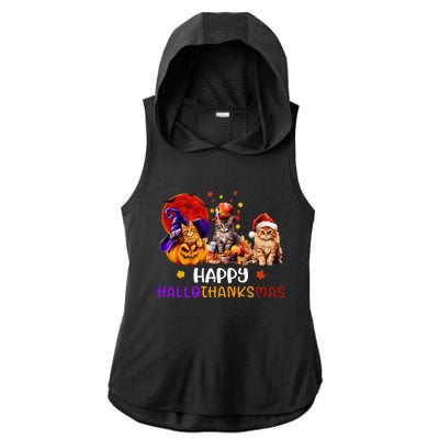 Cat Halloween Christmas Happy Hallothanksmas Thanksgiving Ladies PosiCharge Tri-Blend Wicking Draft Hoodie Tank