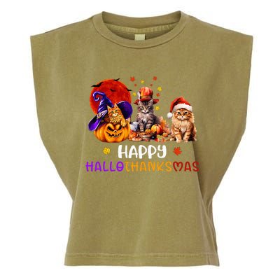 Cat Halloween Christmas Happy Hallothanksmas Thanksgiving Garment-Dyed Women's Muscle Tee