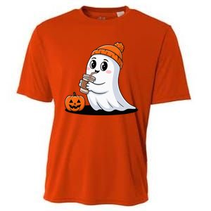 Cute Halloween Coffee Ghost Pumpkin Fall Vibes Cooling Performance Crew T-Shirt