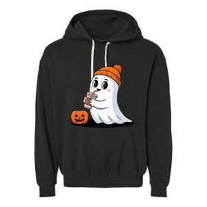 Cute Halloween Coffee Ghost Pumpkin Fall Vibes Garment-Dyed Fleece Hoodie