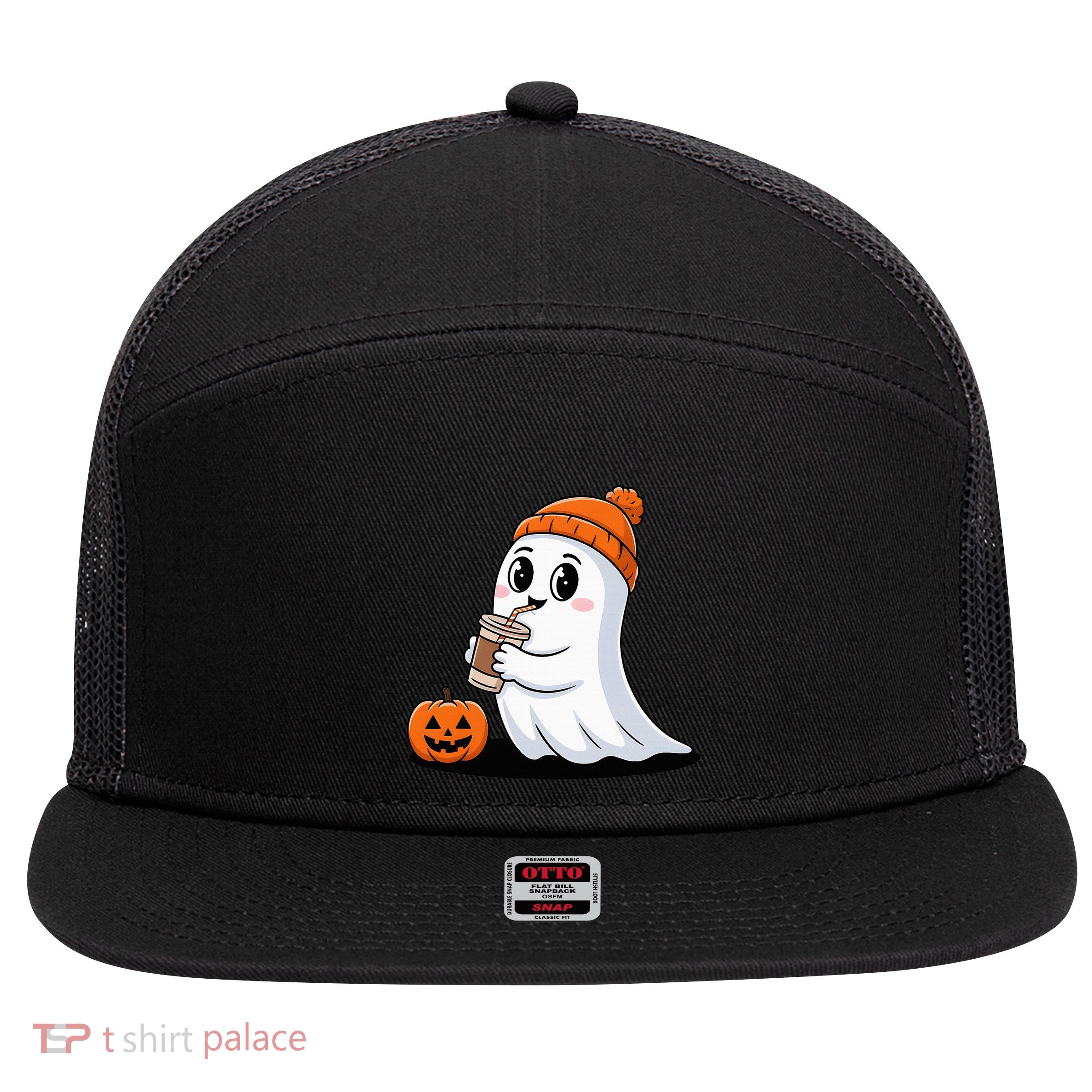 Cute Halloween Coffee Ghost Pumpkin Fall Vibes 7 Panel Mesh Trucker Snapback Hat
