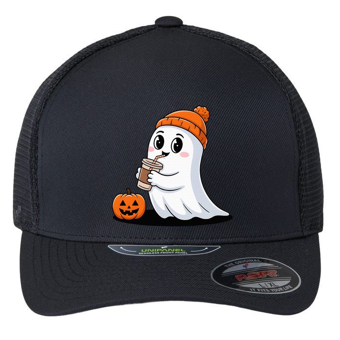 Cute Halloween Coffee Ghost Pumpkin Fall Vibes Flexfit Unipanel Trucker Cap