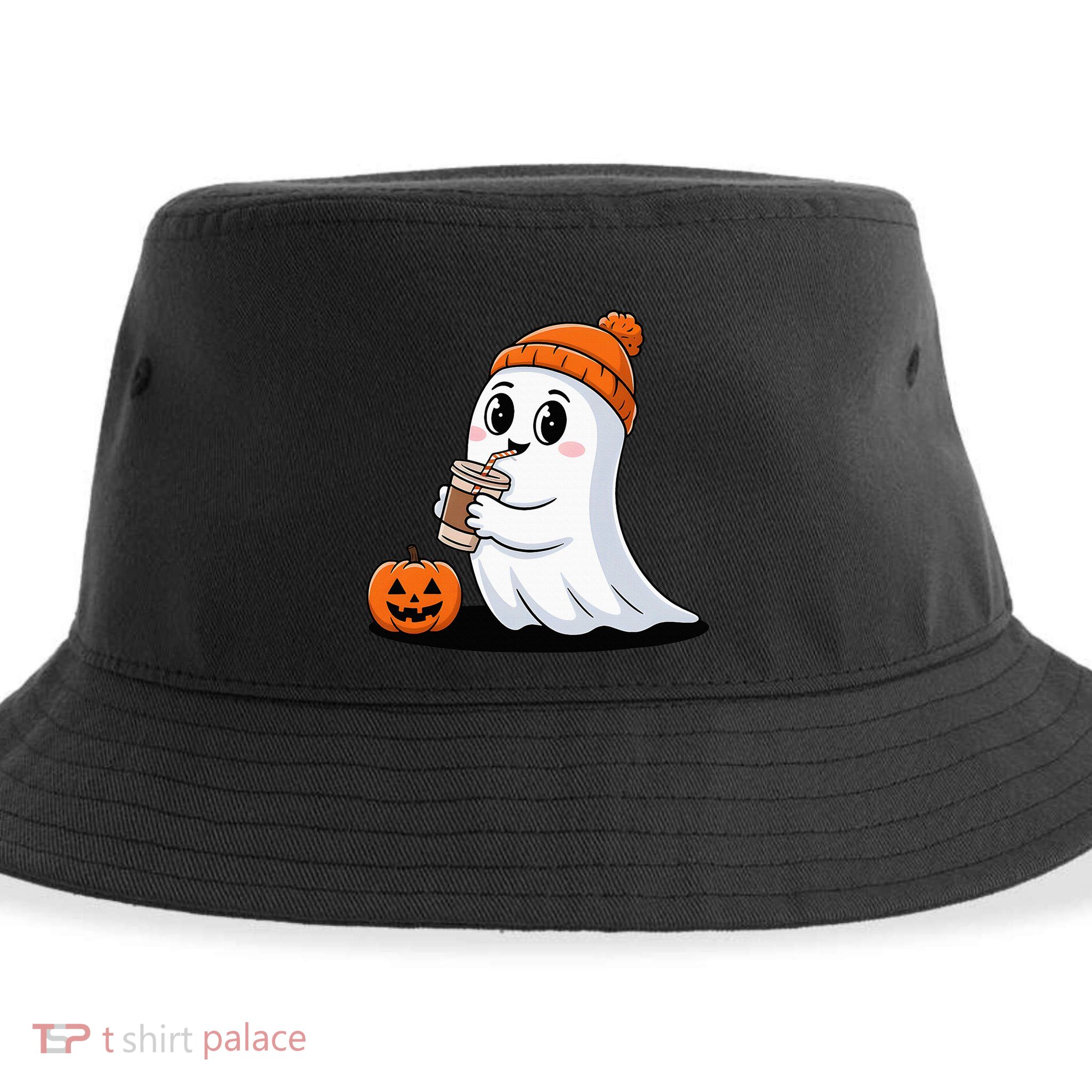 Cute Halloween Coffee Ghost Pumpkin Fall Vibes Sustainable Bucket Hat