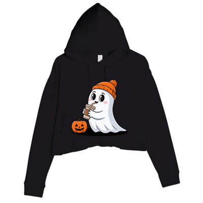 Cute Halloween Coffee Ghost Pumpkin Fall Vibes Crop Fleece Hoodie