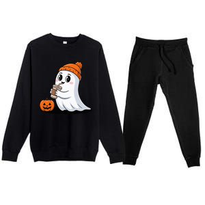 Cute Halloween Coffee Ghost Pumpkin Fall Vibes Premium Crewneck Sweatsuit Set