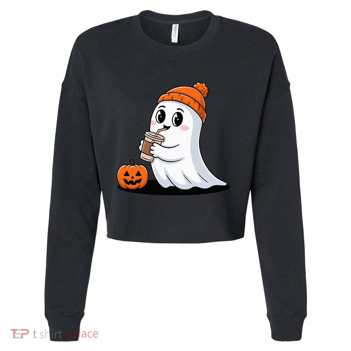 Cute Halloween Coffee Ghost Pumpkin Fall Vibes Cropped Pullover Crew