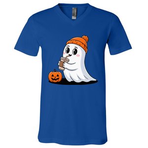 Cute Halloween Coffee Ghost Pumpkin Fall Vibes V-Neck T-Shirt