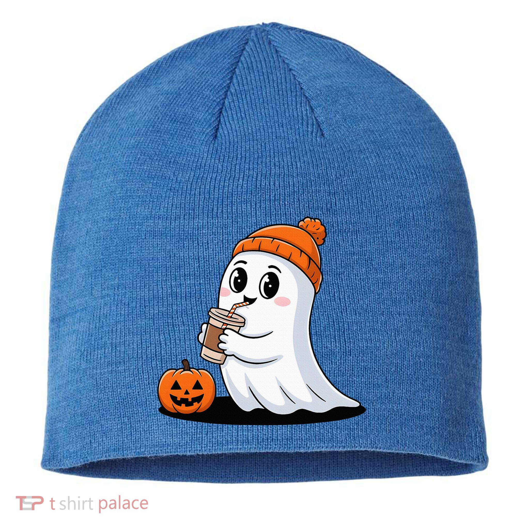 Cute Halloween Coffee Ghost Pumpkin Fall Vibes Sustainable Beanie