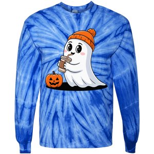 Cute Halloween Coffee Ghost Pumpkin Fall Vibes Tie-Dye Long Sleeve Shirt