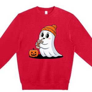 Cute Halloween Coffee Ghost Pumpkin Fall Vibes Premium Crewneck Sweatshirt