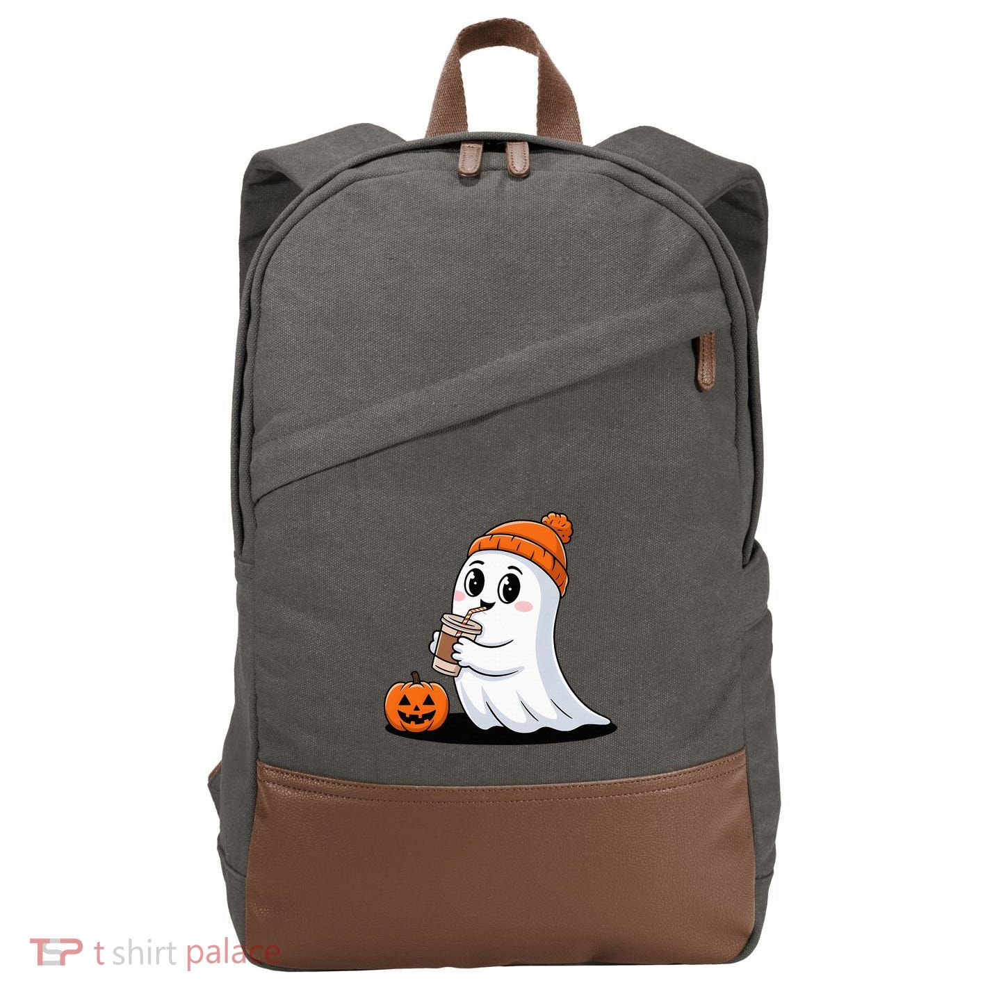 Cute Halloween Coffee Ghost Pumpkin Fall Vibes Cotton Canvas Backpack