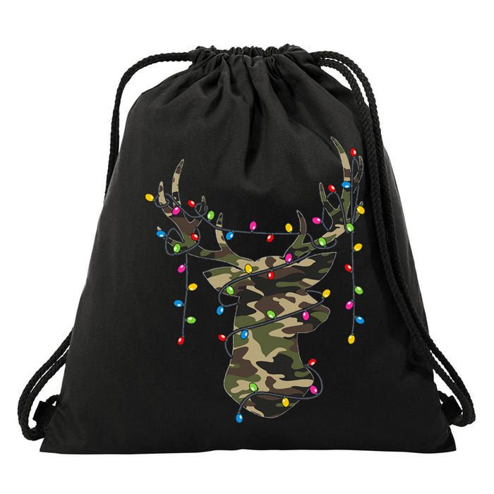 Christmas Holiday Camo Hunting Reindeer Deer Xmas Lights Drawstring Bag