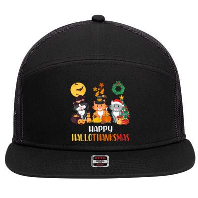 Cat Halloween Christmas Happy Hallothanksmas Thanksgiving Gift 7 Panel Mesh Trucker Snapback Hat