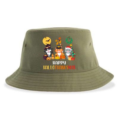 Cat Halloween Christmas Happy Hallothanksmas Thanksgiving Gift Sustainable Bucket Hat