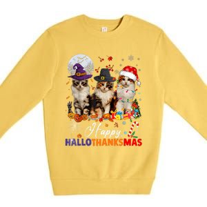 Cat Halloween Christmas Happy Hallothanksmas Thanksgiving Premium Crewneck Sweatshirt