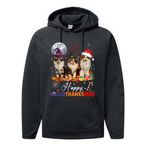 Cat Halloween Christmas Happy Hallothanksmas Thanksgiving Performance Fleece Hoodie