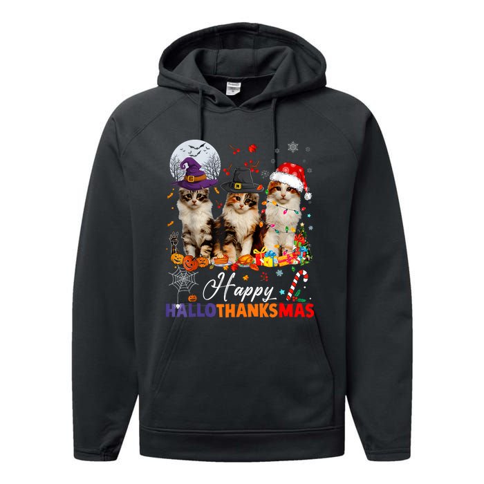 Cat Halloween Christmas Happy Hallothanksmas Thanksgiving Performance Fleece Hoodie