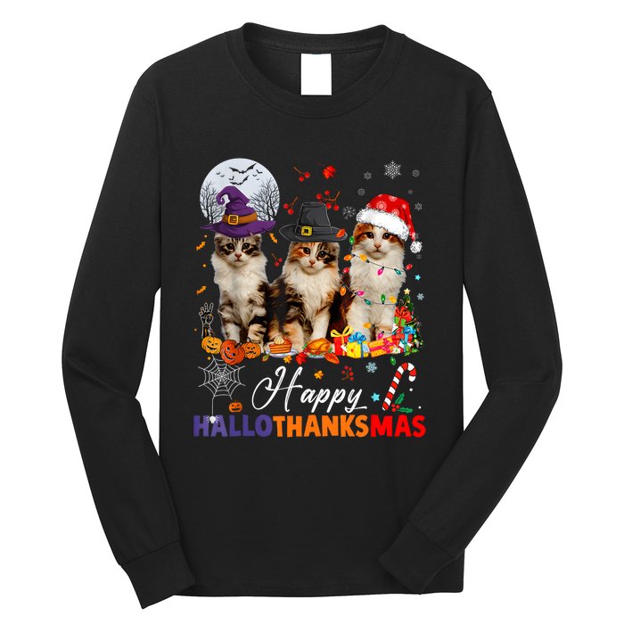 Cat Halloween Christmas Happy Hallothanksmas Thanksgiving Long Sleeve Shirt