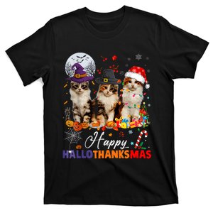 Cat Halloween Christmas Happy Hallothanksmas Thanksgiving T-Shirt