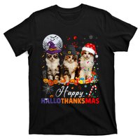 Cat Halloween Christmas Happy Hallothanksmas Thanksgiving T-Shirt