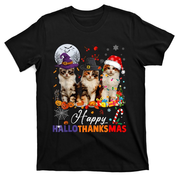 Cat Halloween Christmas Happy Hallothanksmas Thanksgiving T-Shirt